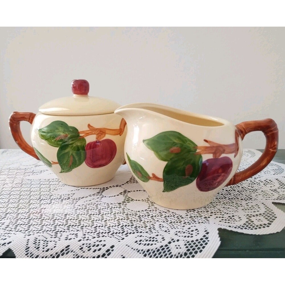 Vintage Franciscan Apple Earthenware Sugar w/ Lid and Creamer USA